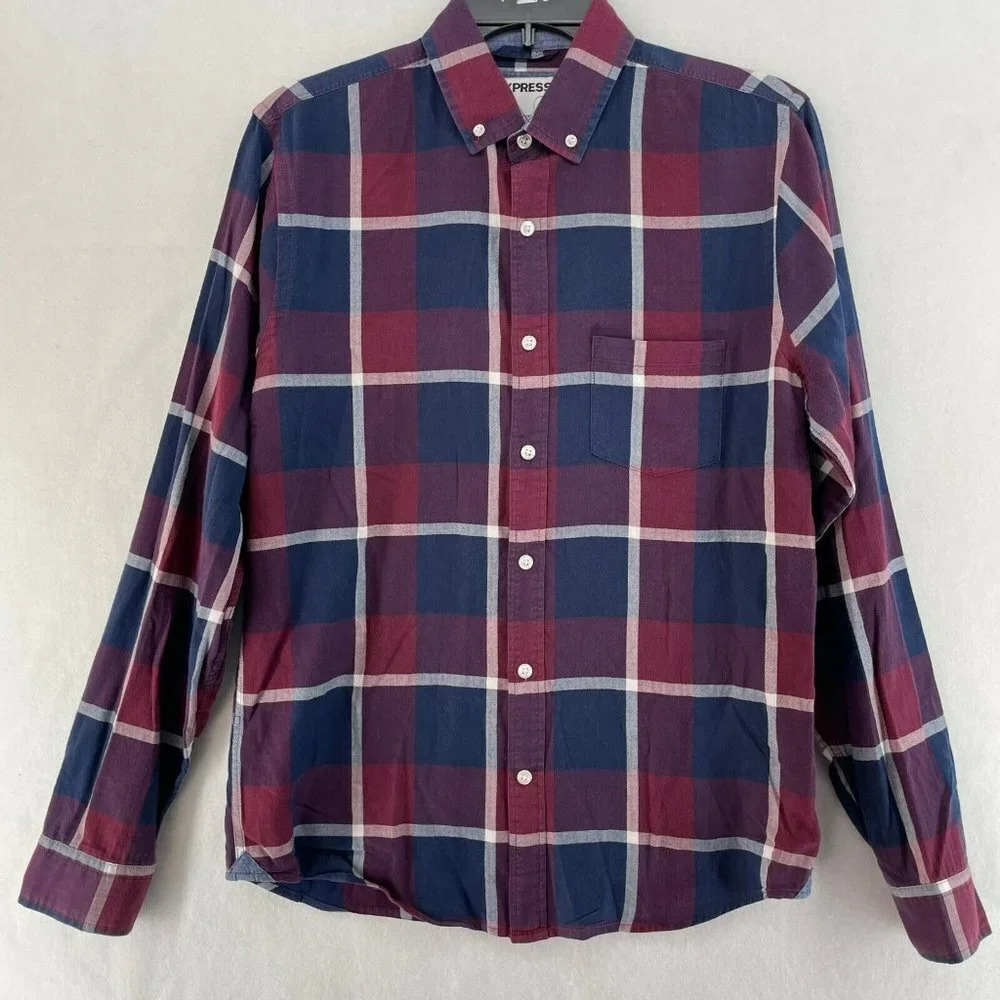 Express Button-Down Shirt Men's Sz S Blue Red Slim Soft Wash Plaid Collared